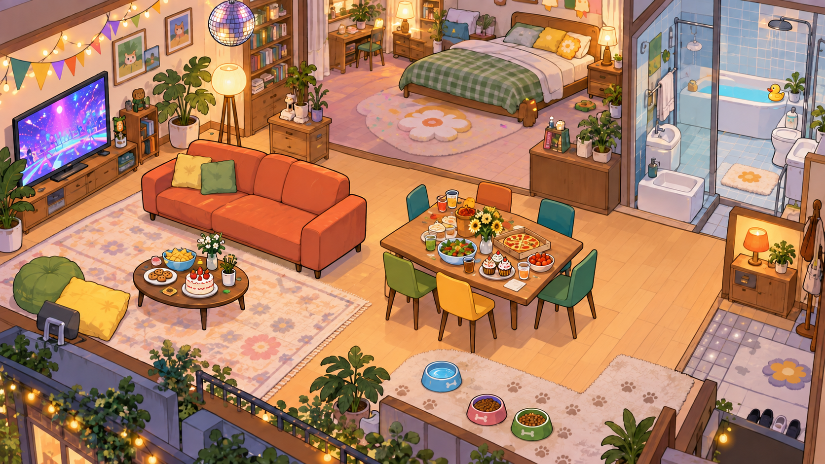 Illustrated party house with sofa, TV, food-filled dining table, bed, bathroom, and pet bowls